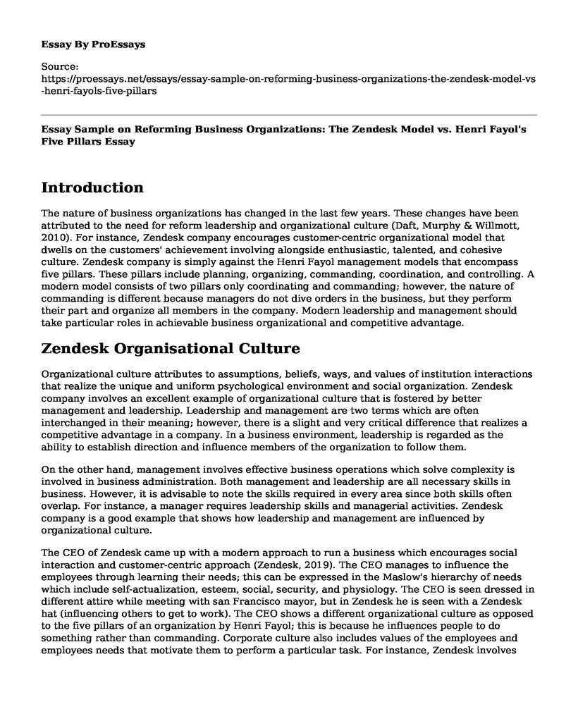 Essay Sample on Reforming Business Organizations: The Zendesk Model vs. Henri Fayol's Five Pillars