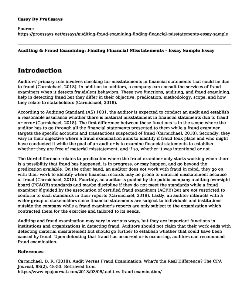 Auditing & Fraud Examining: Finding Financial Misstatements - Essay Sample