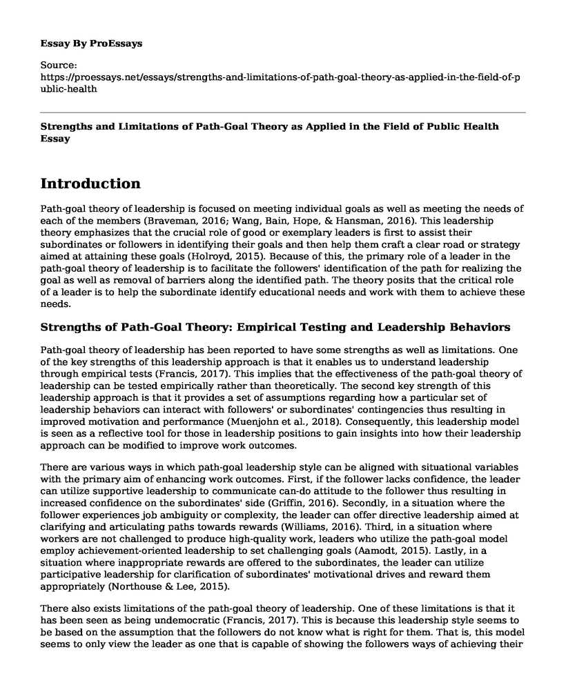 Strengths and Limitations of Path-Goal Theory as Applied in the Field of Public Health