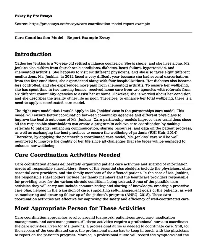 Care Coordination Model - Report Example