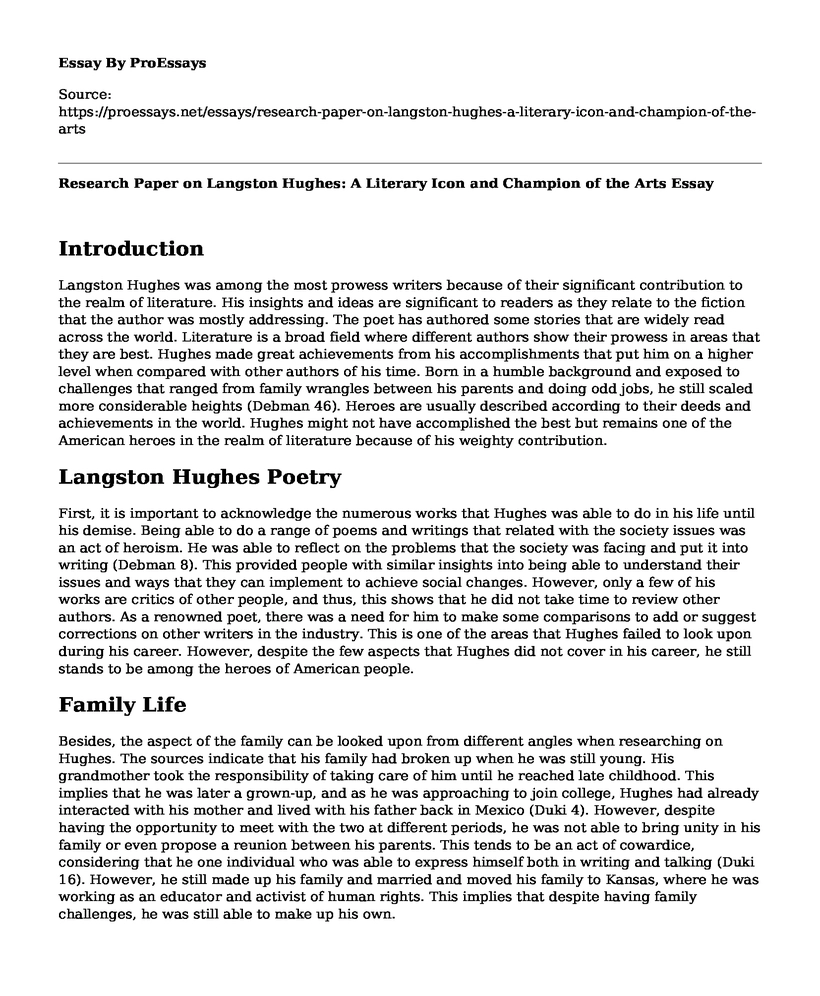 Research Paper on Langston Hughes: A Literary Icon and Champion of the Arts