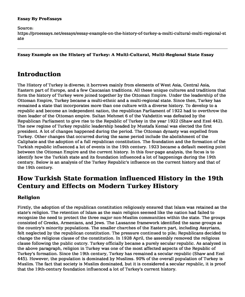 Essay Example on the History of Turkey: A Multi-Cultural, Multi-Regional State