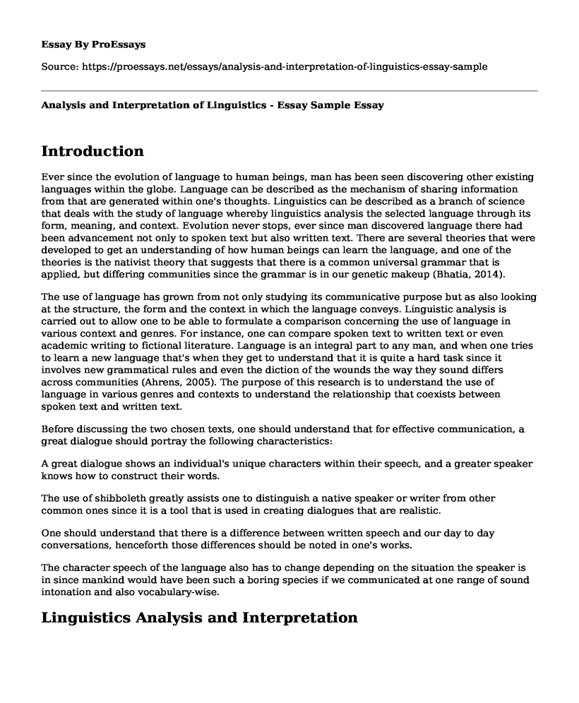 Analysis and Interpretation of Linguistics - Essay Sample