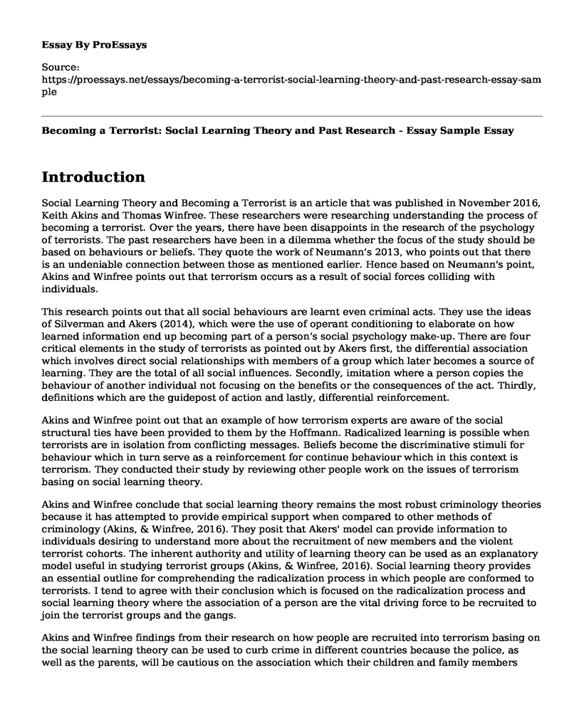 Becoming a Terrorist: Social Learning Theory and Past Research - Essay Sample