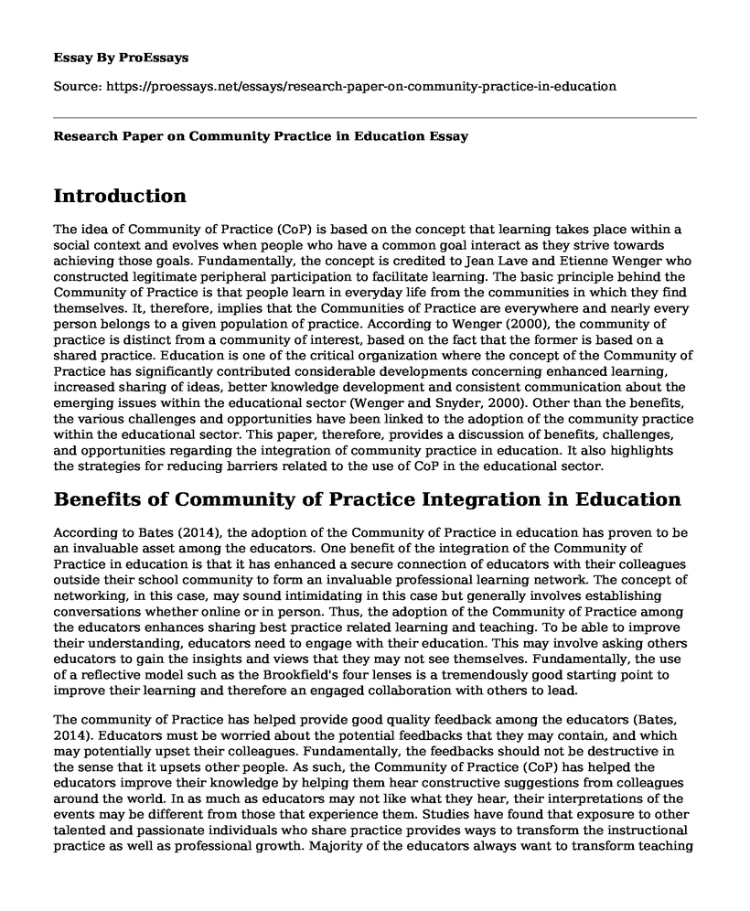 Research Paper on Community Practice in Education