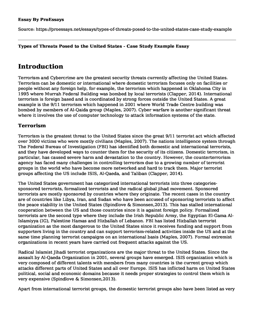 Types of Threats Posed to the United States - Case Study Example