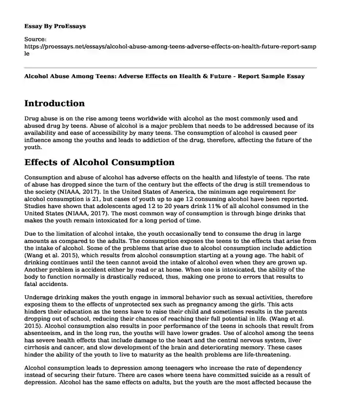 Alcohol Abuse Among Teens: Adverse Effects on Health & Future - Report Sample