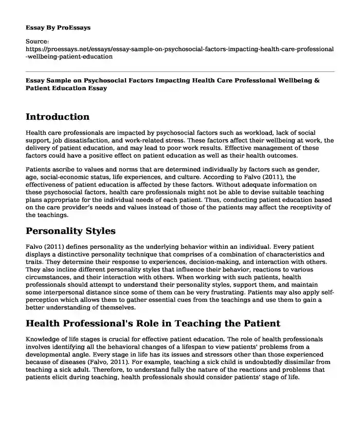 Essay Sample on Psychosocial Factors Impacting Health Care Professional Wellbeing & Patient Education
