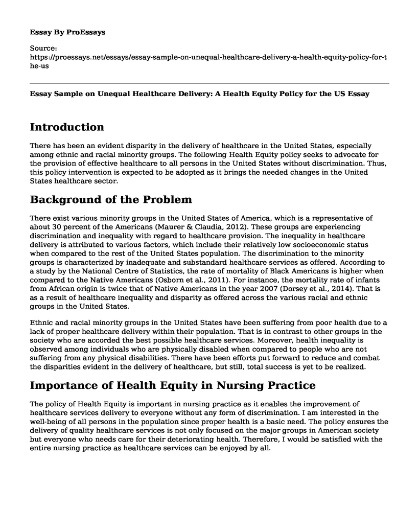 Essay Sample on Unequal Healthcare Delivery: A Health Equity Policy for the US