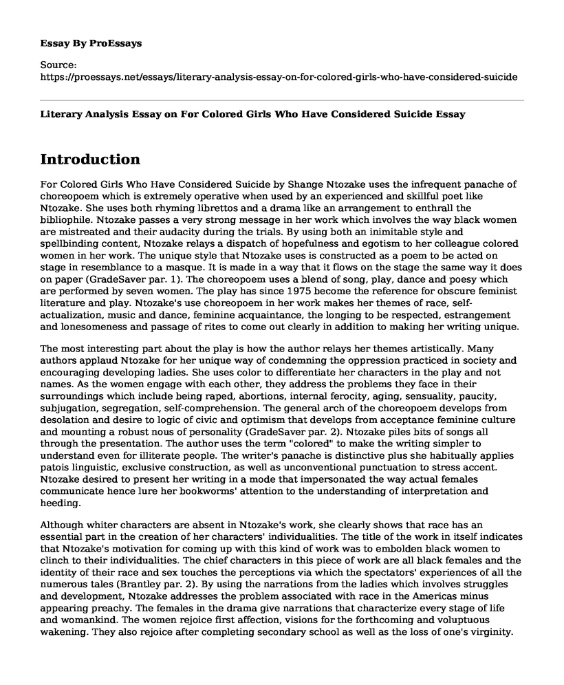 Literary Analysis Essay on For Colored Girls Who Have Considered Suicide