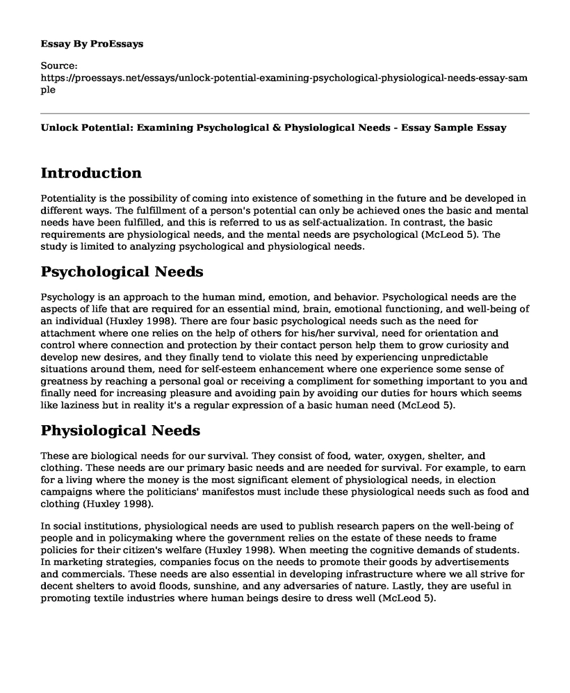 Unlock Potential: Examining Psychological & Physiological Needs - Essay Sample