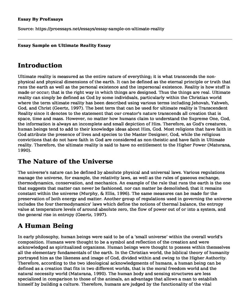 Essay Sample on Ultimate Reality
