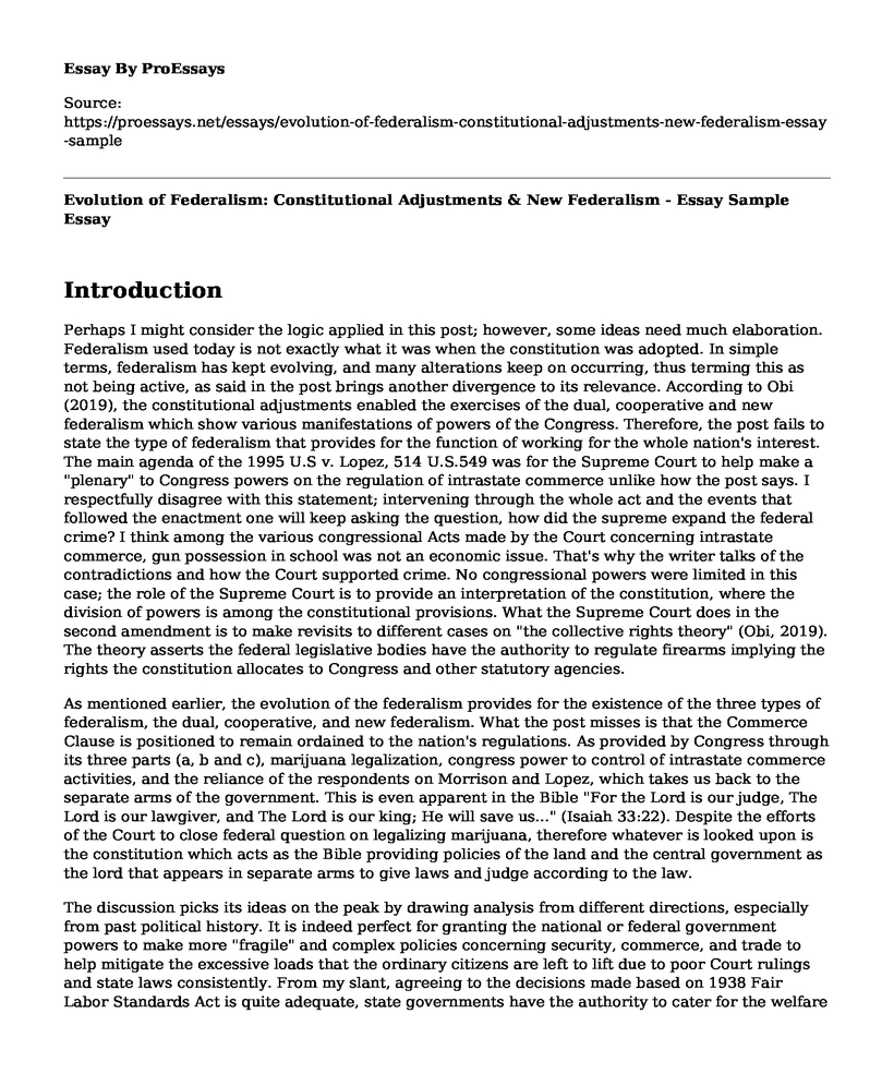 Evolution of Federalism: Constitutional Adjustments & New Federalism - Essay Sample