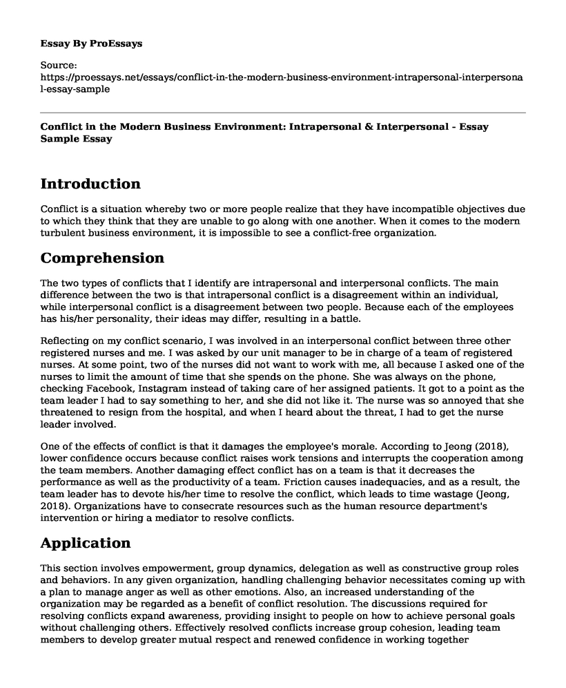 Conflict in the Modern Business Environment: Intrapersonal & Interpersonal - Essay Sample