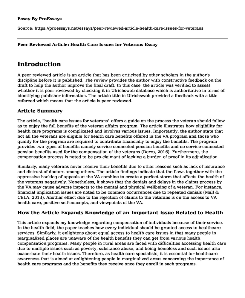 Peer Reviewed Article: Health Care Issues for Veterans