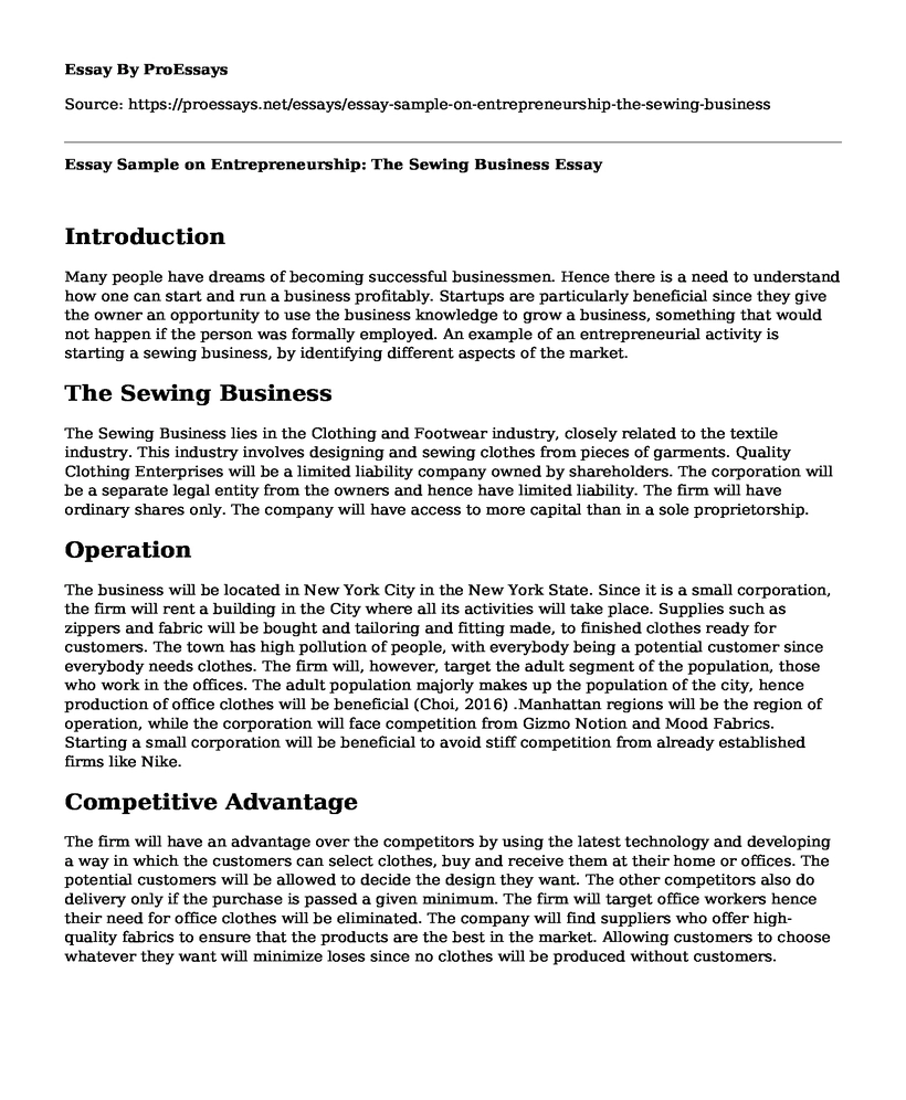 Essay Sample on Entrepreneurship: The Sewing Business