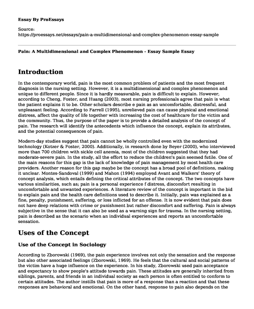 Pain: A Multidimensional and Complex Phenomenon - Essay Sample