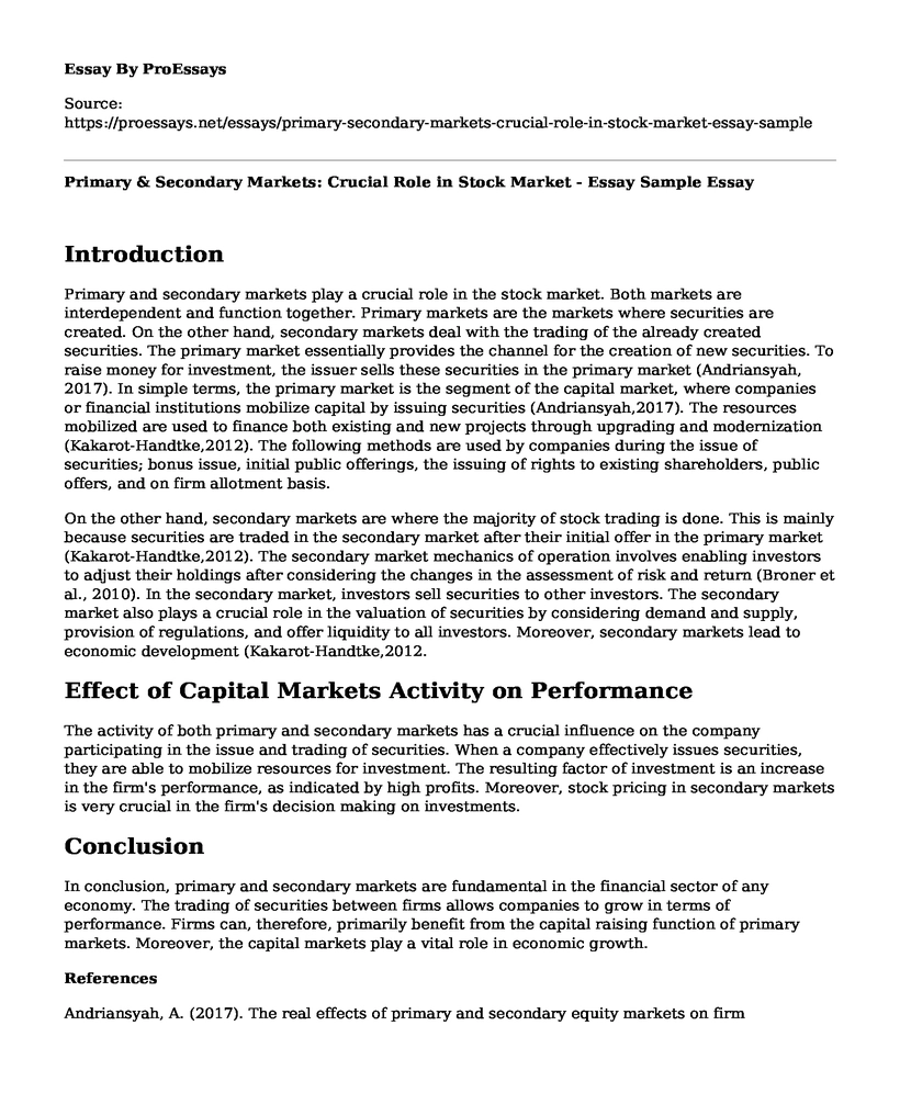 Primary & Secondary Markets: Crucial Role in Stock Market - Essay Sample