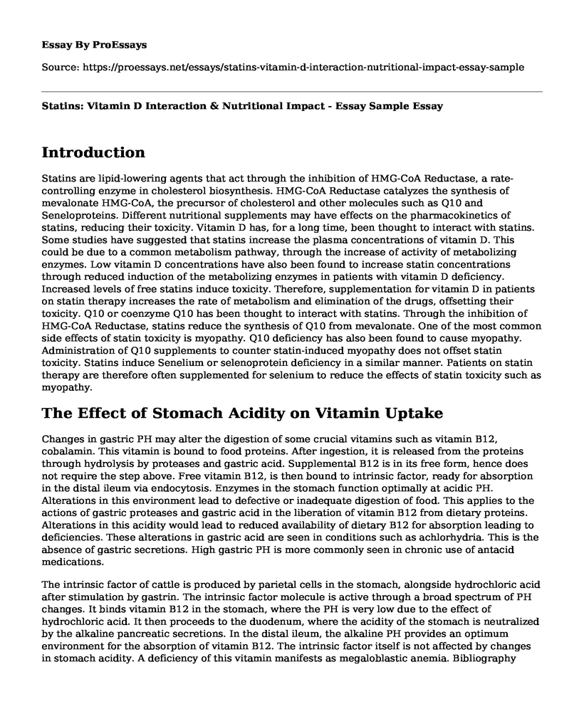 Statins: Vitamin D Interaction & Nutritional Impact - Essay Sample