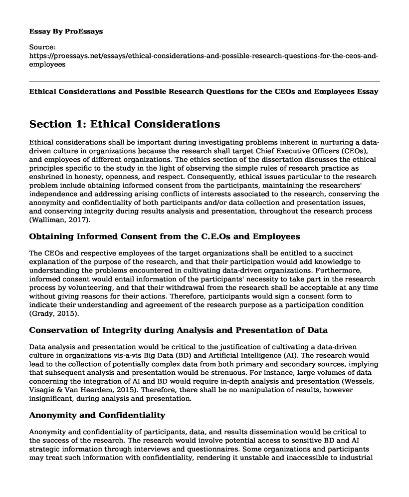Ethical Considerations and Possible Research Questions for the CEOs and Employees