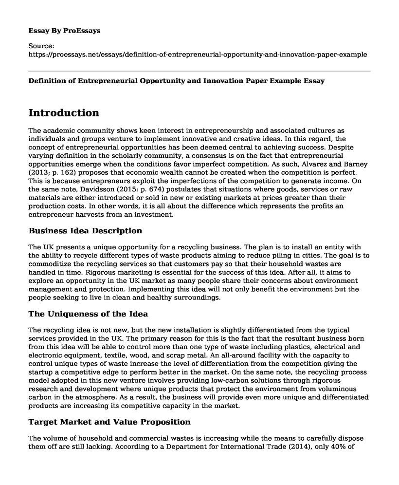 Definition of Entrepreneurial Opportunity and Innovation Paper Example