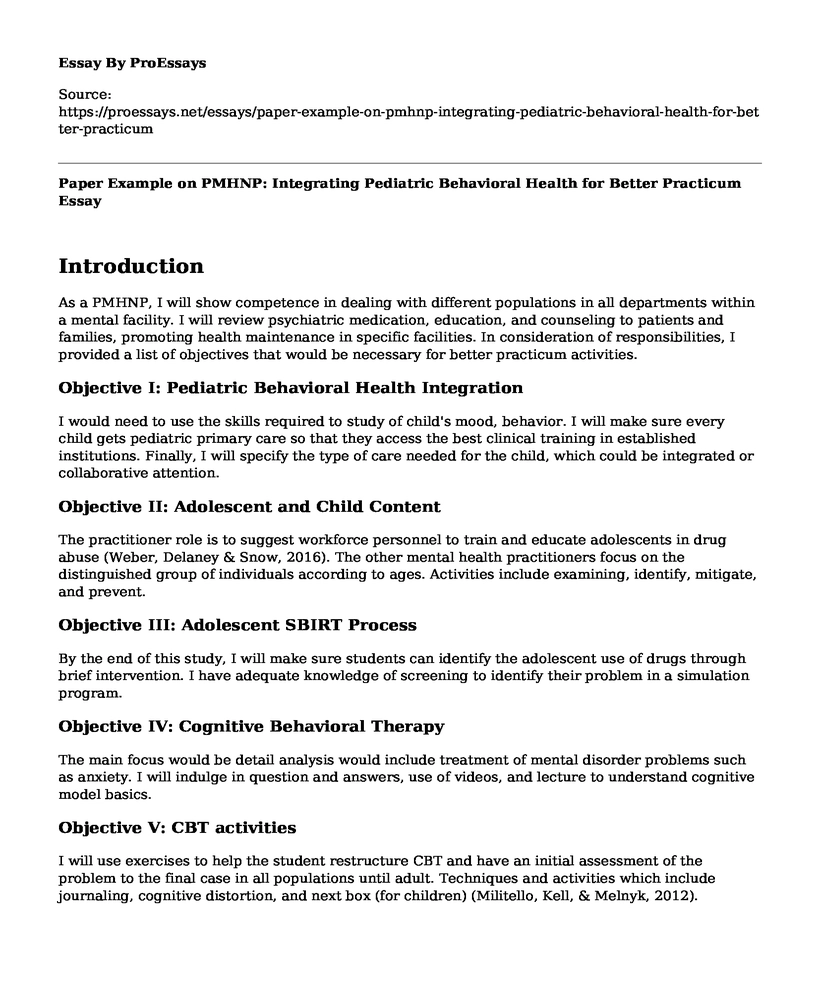Paper Example on PMHNP: Integrating Pediatric Behavioral Health for Better Practicum