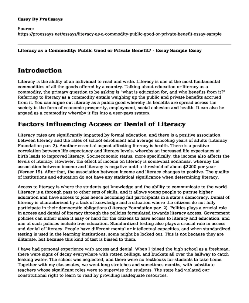 Literacy as a Commodity: Public Good or Private Benefit? - Essay Sample