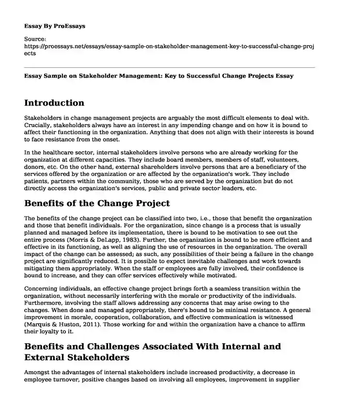 Essay Sample on Stakeholder Management: Key to Successful Change Projects