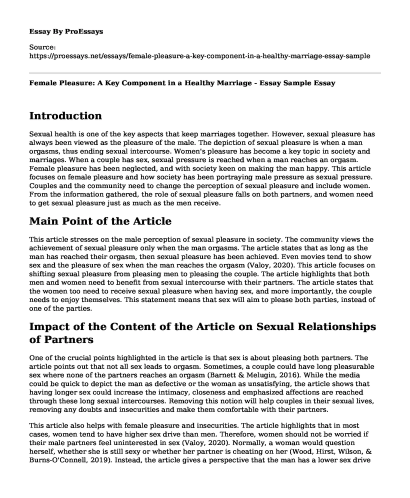 Female Pleasure: A Key Component in a Healthy Marriage - Essay Sample