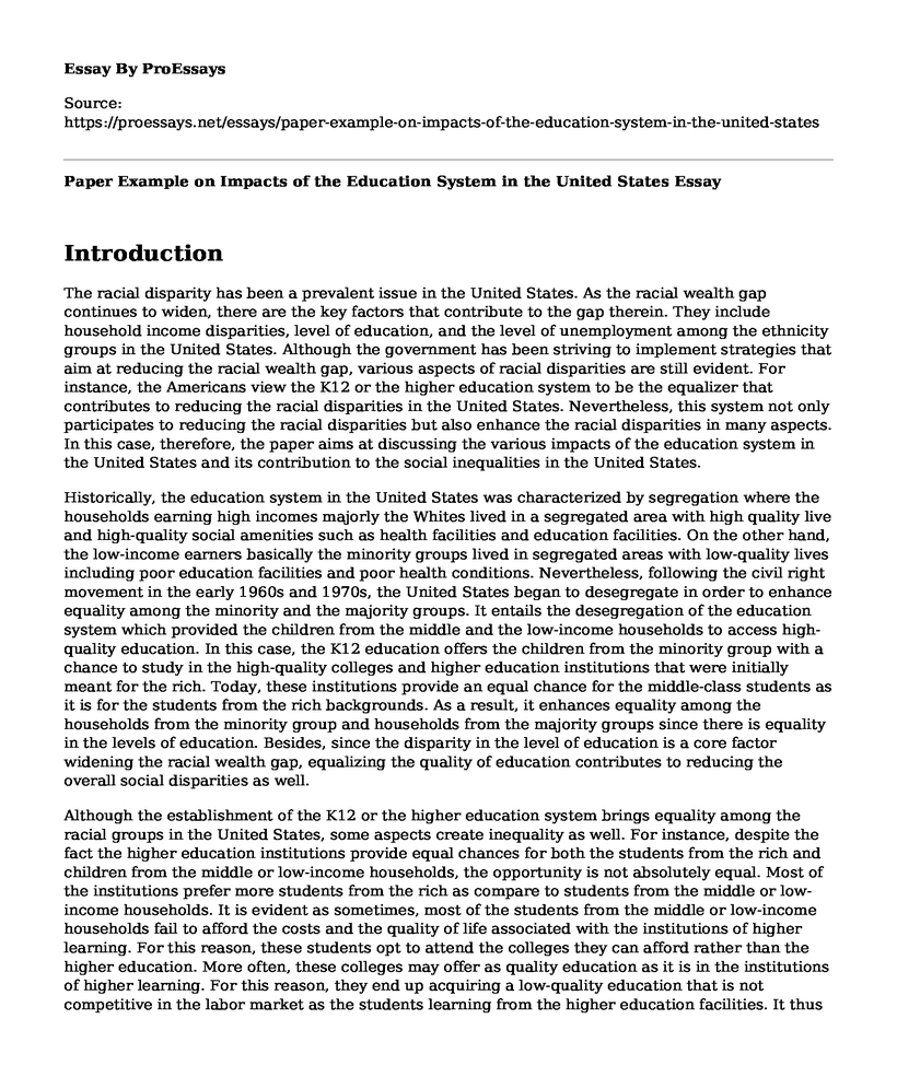 Paper Example on Impacts of the Education System in the United States