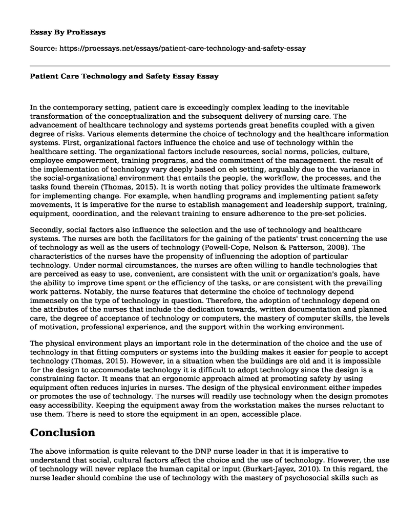 Patient Care Technology and Safety Essay