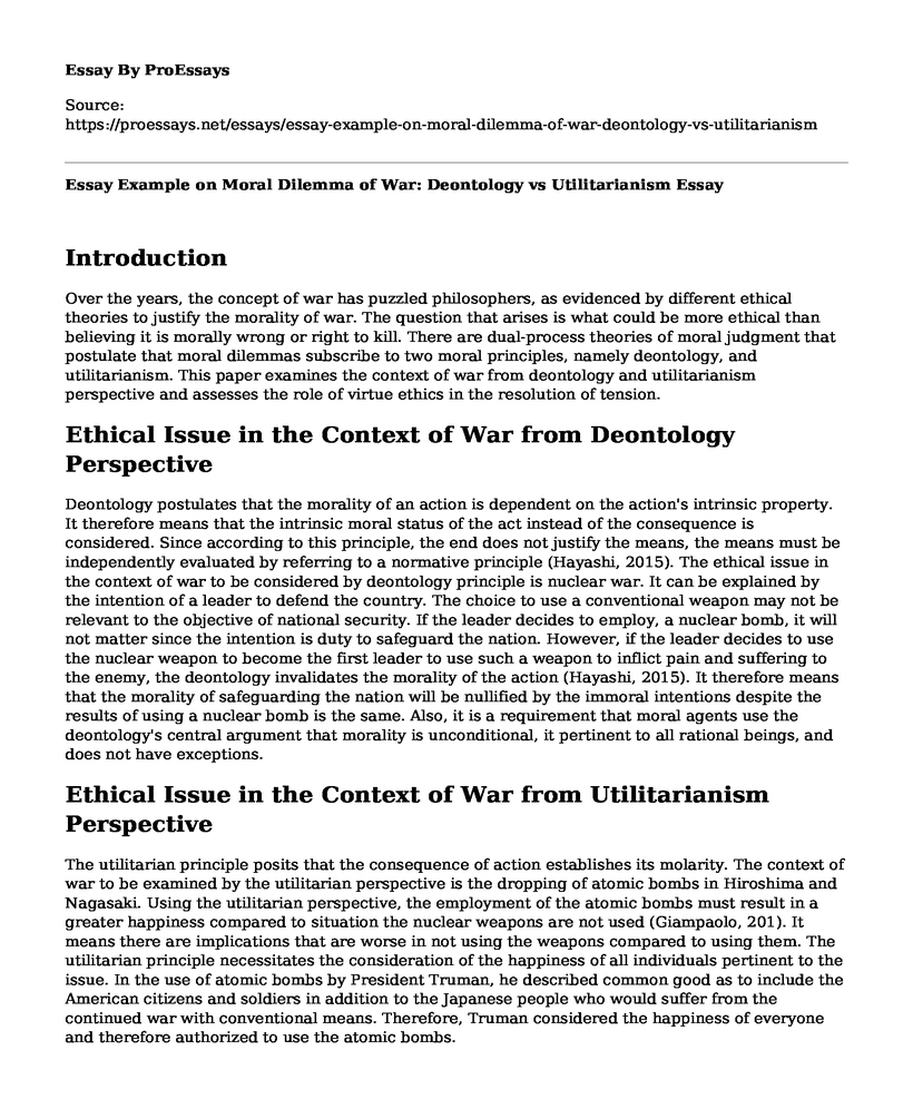 Essay Example on Moral Dilemma of War: Deontology vs Utilitarianism