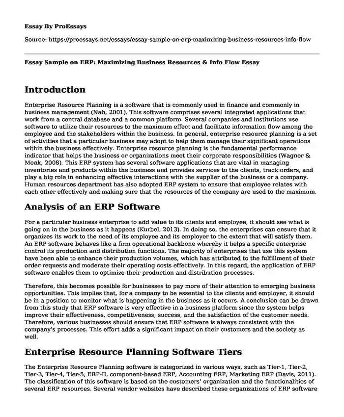 Essay Sample on ERP: Maximizing Business Resources & Info Flow