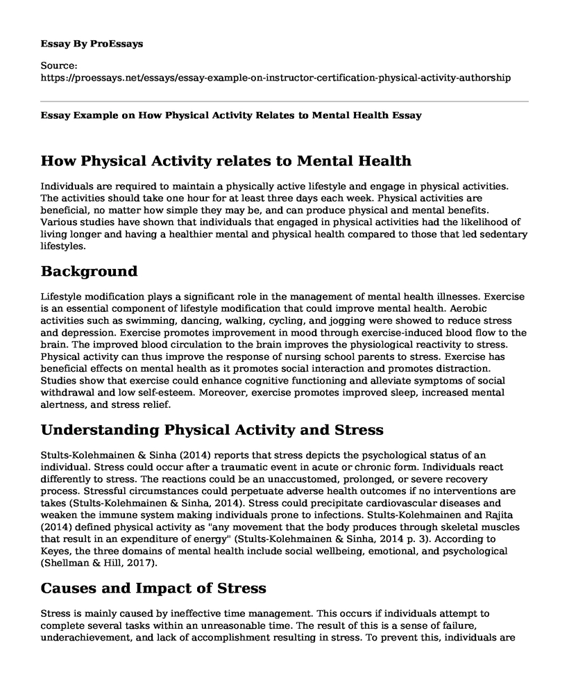 Essay Example on How Physical Activity Relates to Mental Health