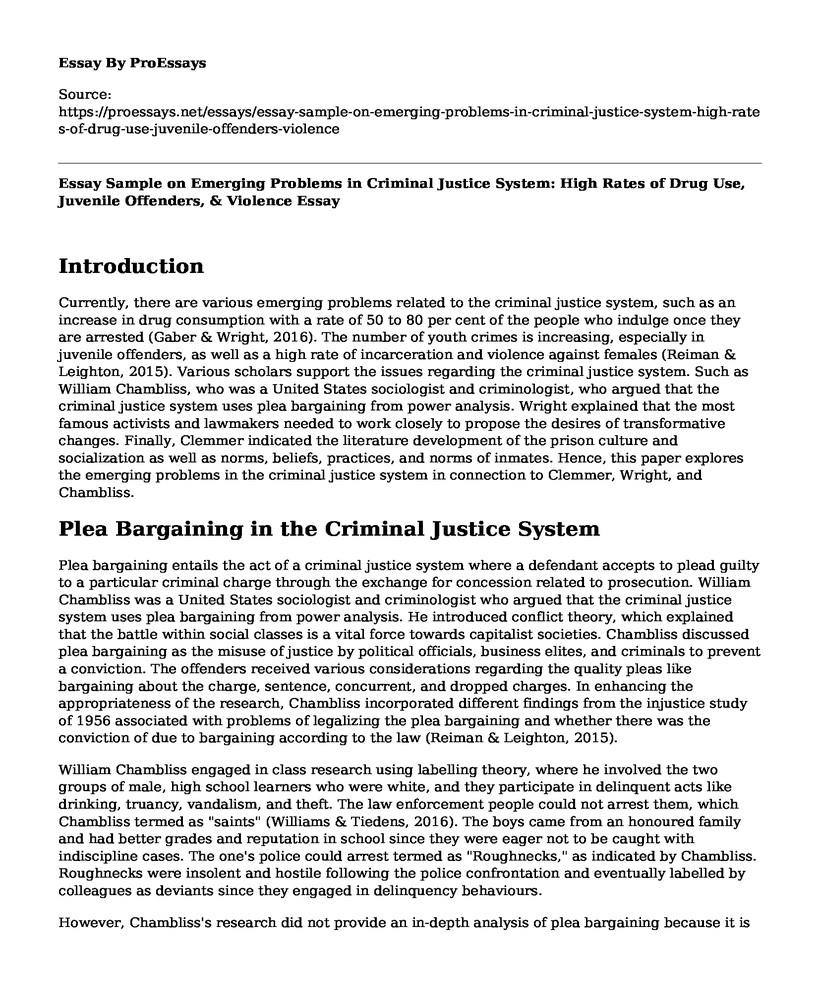 Essay Sample on Emerging Problems in Criminal Justice System: High Rates of Drug Use, Juvenile Offenders, & Violence