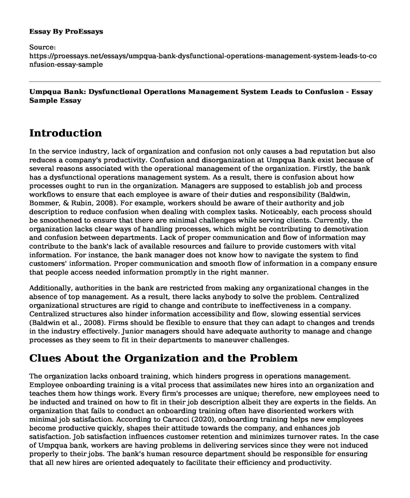 Umpqua Bank: Dysfunctional Operations Management System Leads to Confusion - Essay Sample