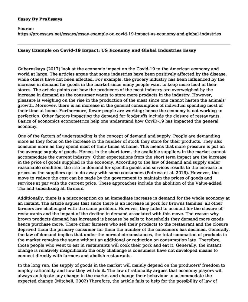 Essay Example on Covid-19 Impact: US Economy and Global Industries