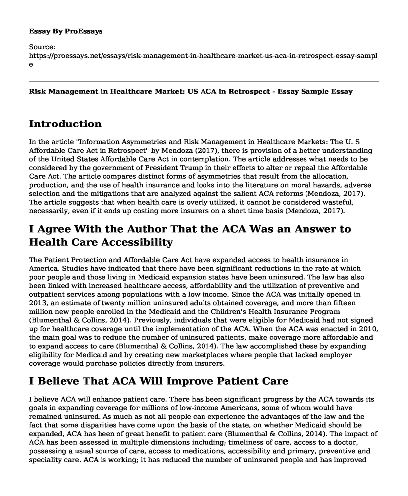 Risk Management in Healthcare Market: US ACA in Retrospect - Essay Sample