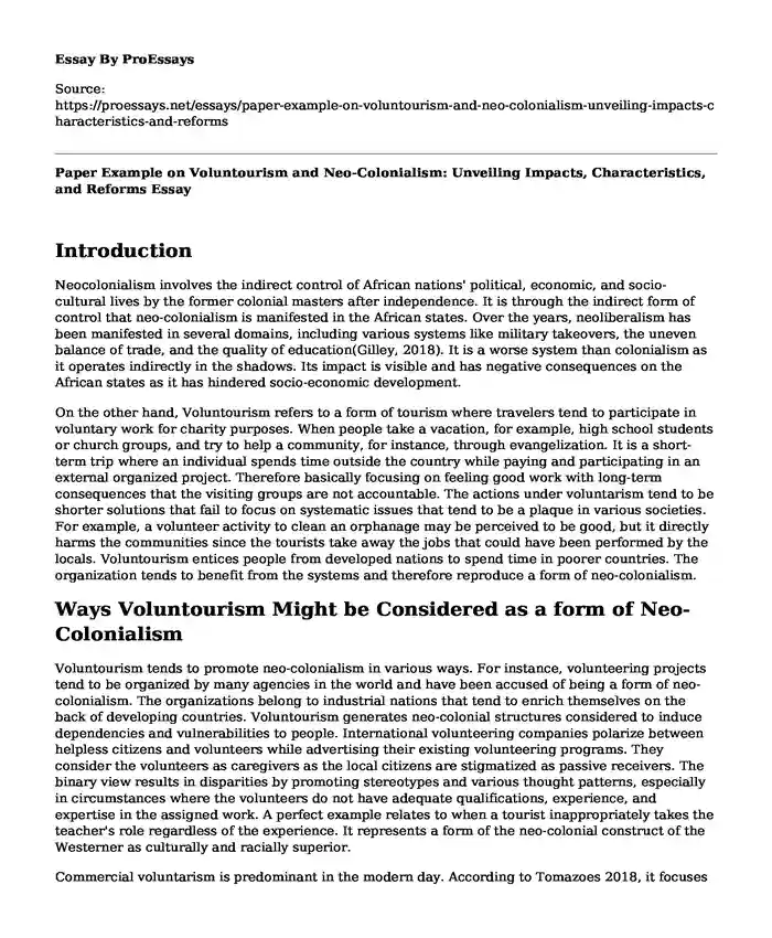 Paper Example on Voluntourism and Neo-Colonialism: Unveiling Impacts, Characteristics, and Reforms