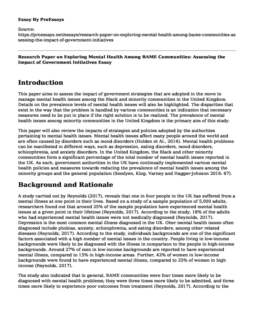 Research Paper on Exploring Mental Health Among BAME Communities: Assessing the Impact of Government Initiatives