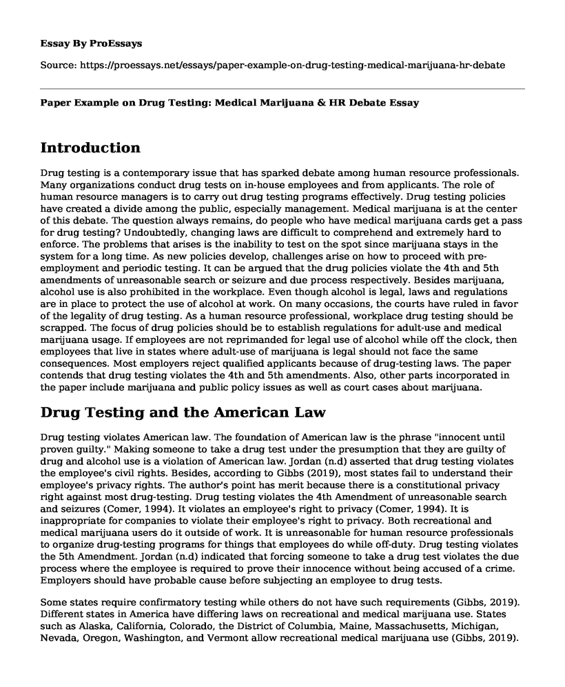 Paper Example on Drug Testing: Medical Marijuana & HR Debate