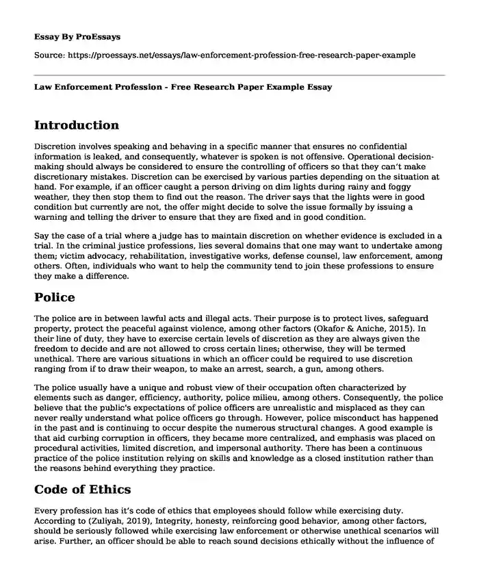 Law Enforcement Profession - Free Research Paper Example