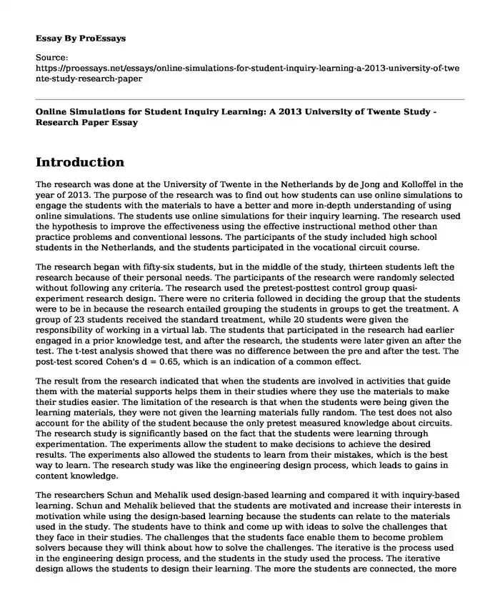 Online Simulations for Student Inquiry Learning: A 2013 University of Twente Study - Research Paper