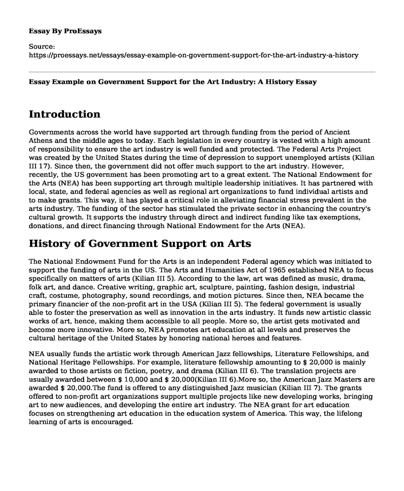 Essay Example on Government Support for the Art Industry: A History