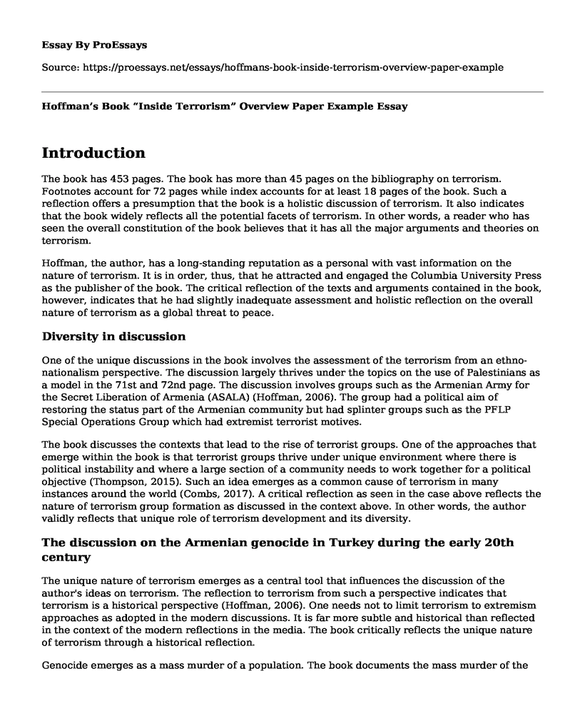 Hoffman's Book "Inside Terrorism" Overview Paper Example