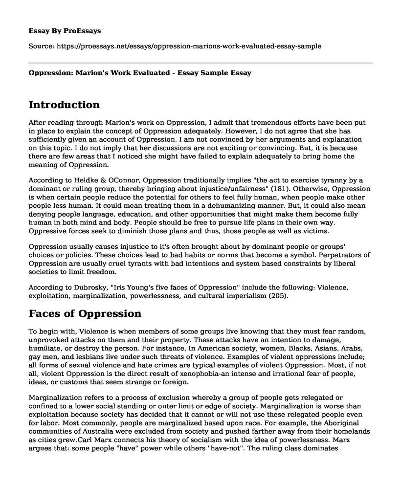 Oppression: Marion's Work Evaluated - Essay Sample