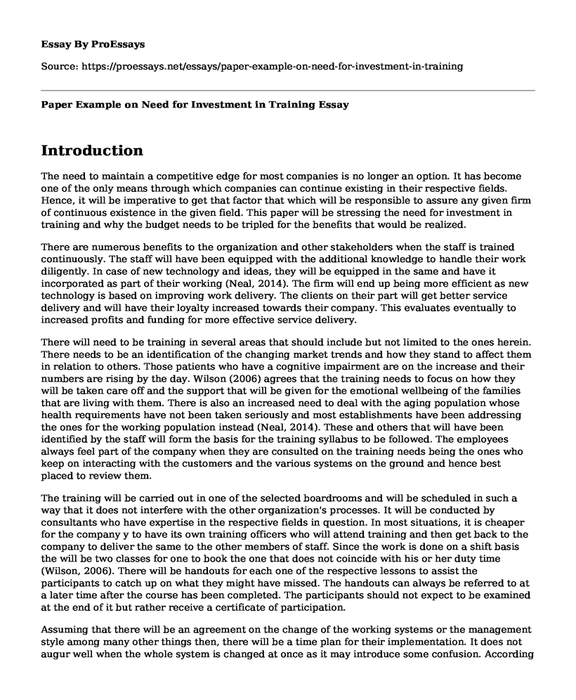 Paper Example on Need for Investment in Training