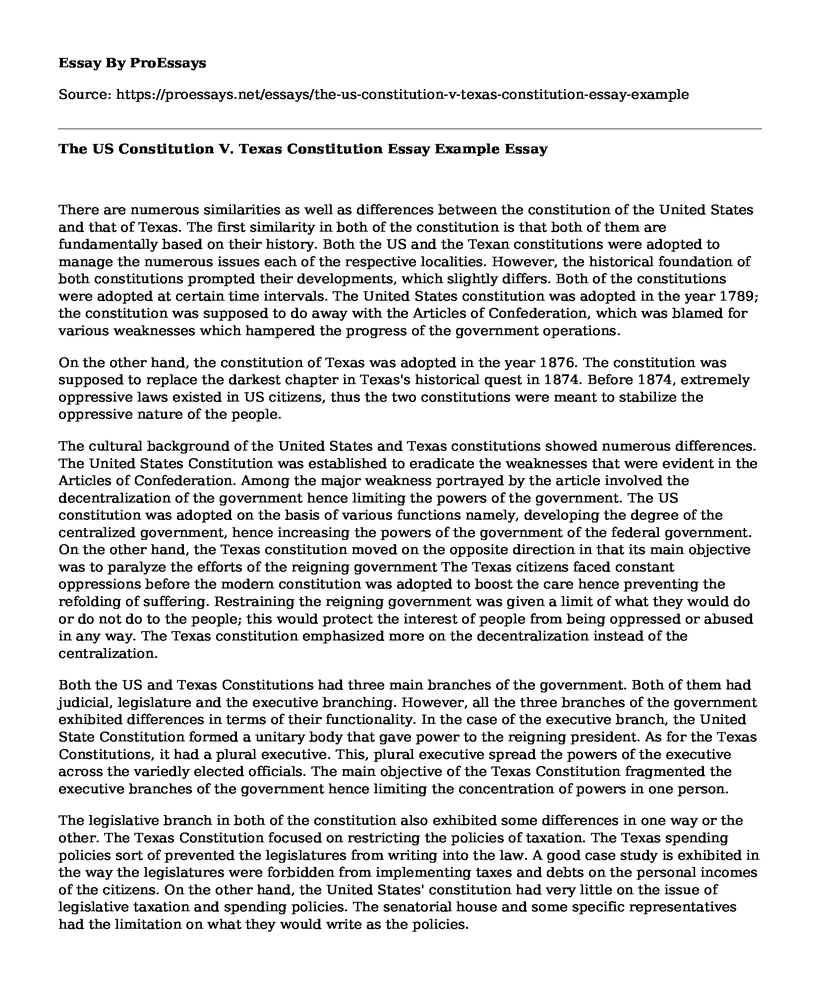 The US Constitution V. Texas Constitution Essay Example