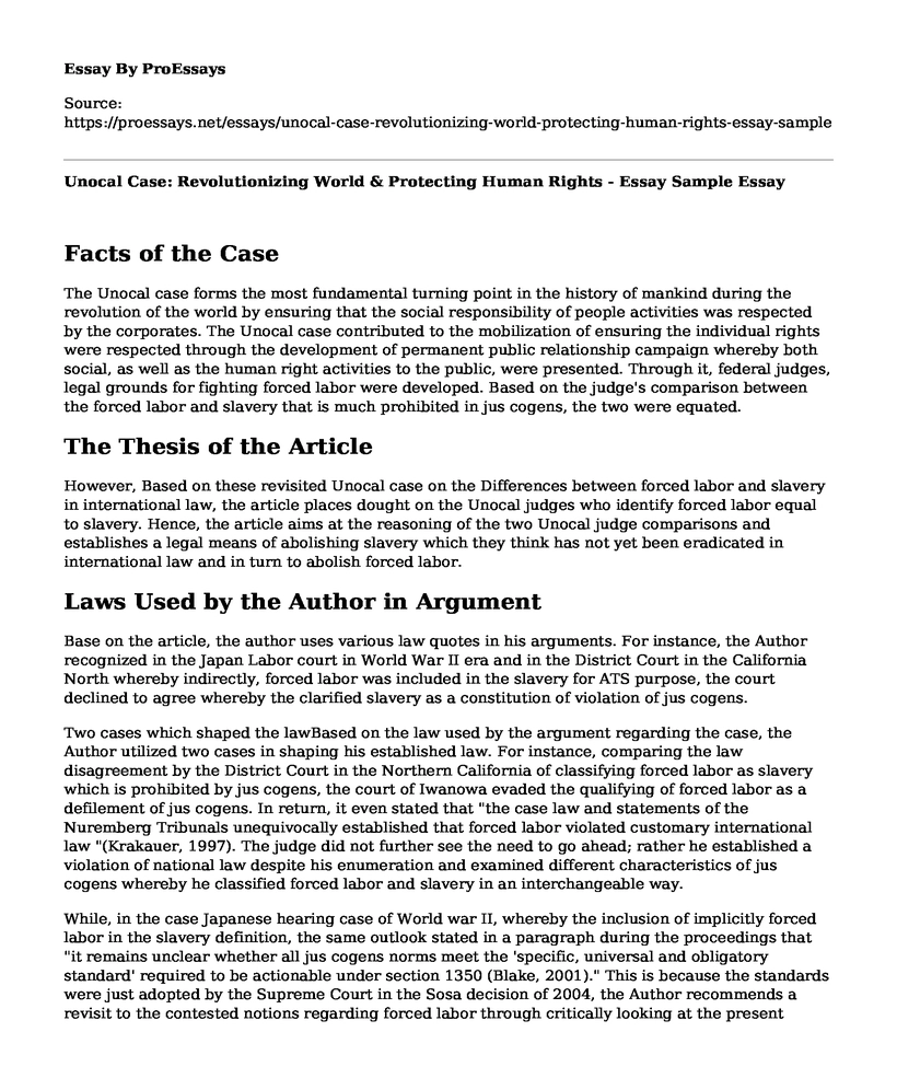 Unocal Case: Revolutionizing World & Protecting Human Rights - Essay Sample