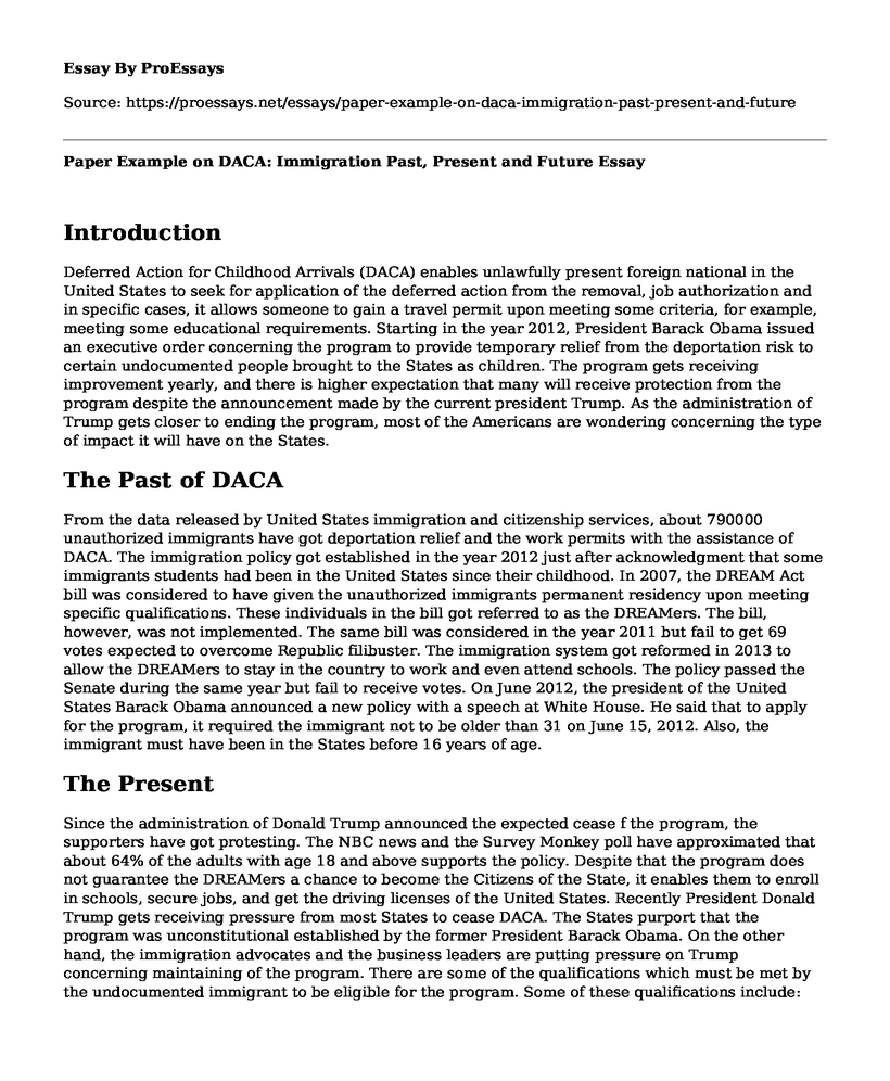 Paper Example on DACA: Immigration Past, Present and Future
